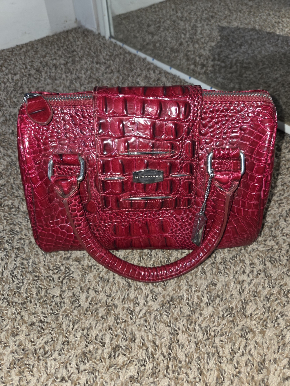 Faux-Croc Red Satchel with Top Handles